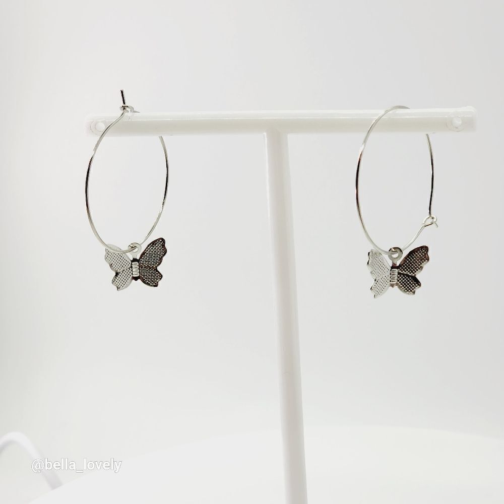Lightweight Silver Toned Hoop Earrings with Drop Dangle Butterfly